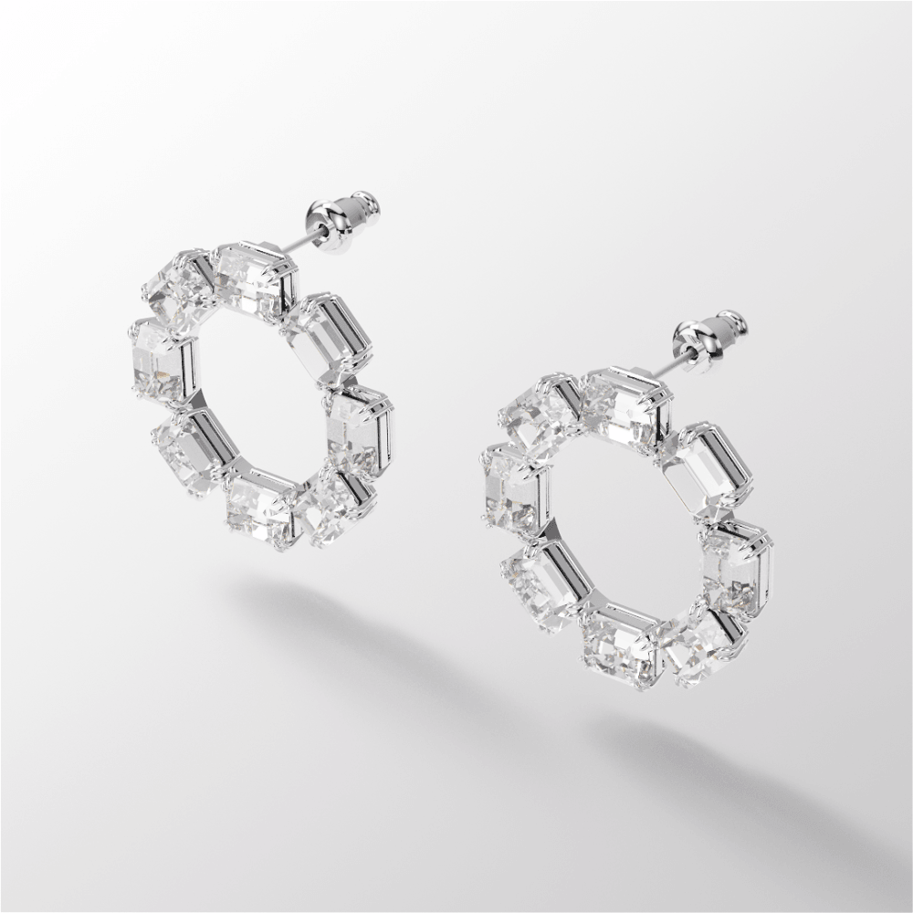 Millenia hoop earrings, Octagon cut, White, Rhodium plated