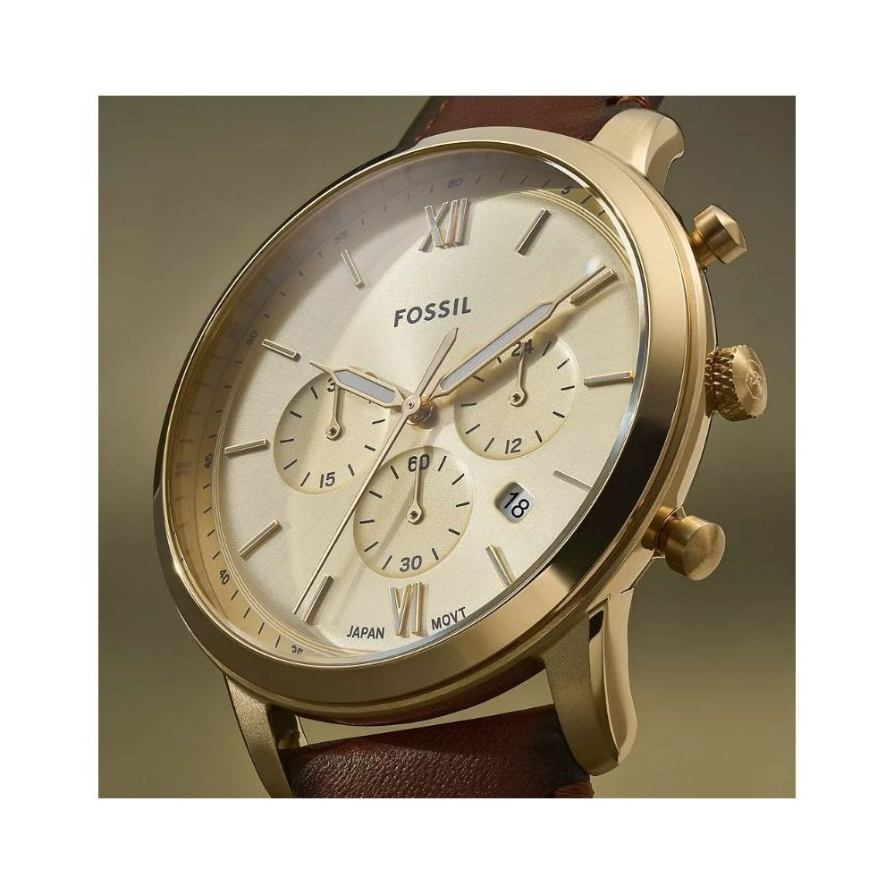 Neutra Chronograph, Gold Dial, Gents Brown Leather Watch