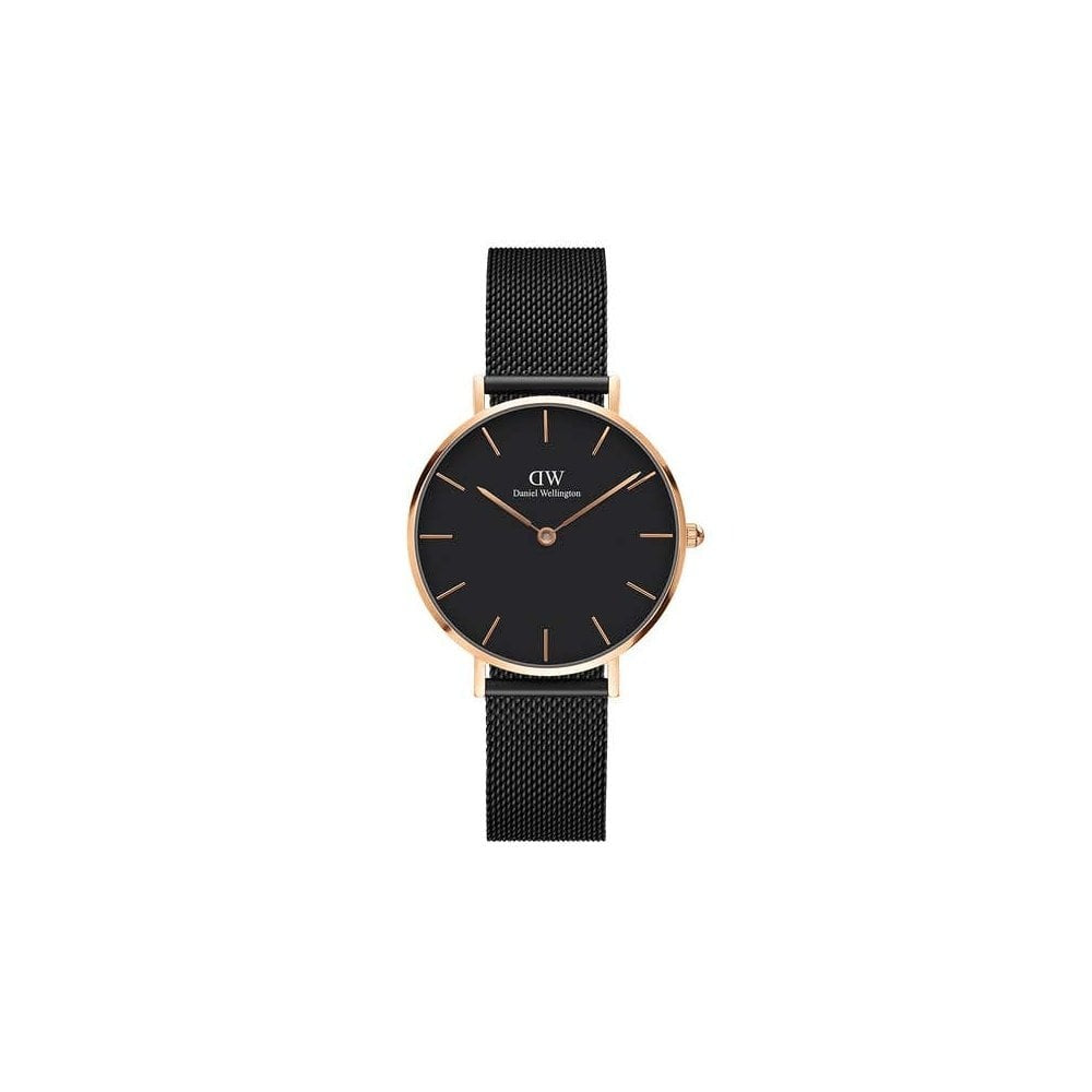 PETITE ASHFIELD ROSE GOLD STAINLESS STEEL WATCH WITH BLACK MESH BRACELET AND BLACK DIAL