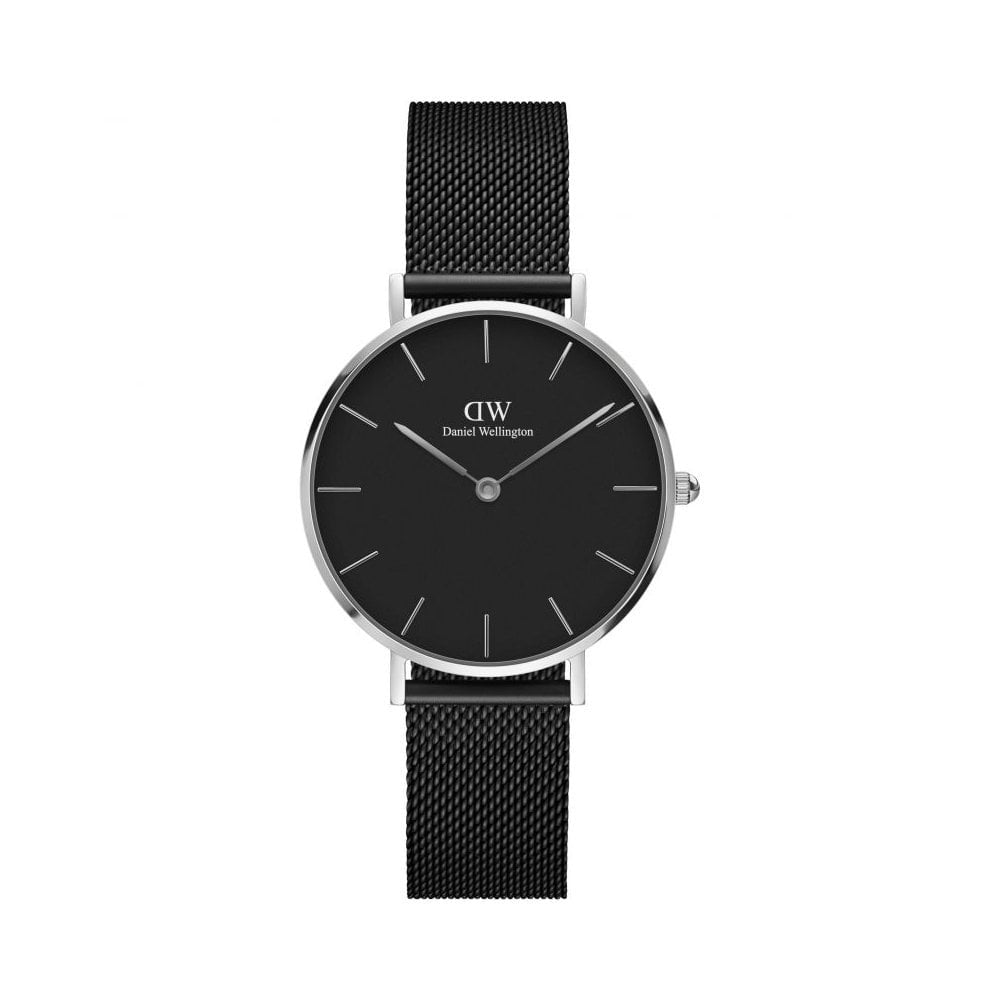 PETITE ASHFIELD STAINLESS STEEL WATCH WITH BLACK MESH BRACELET & BLACK DIAL