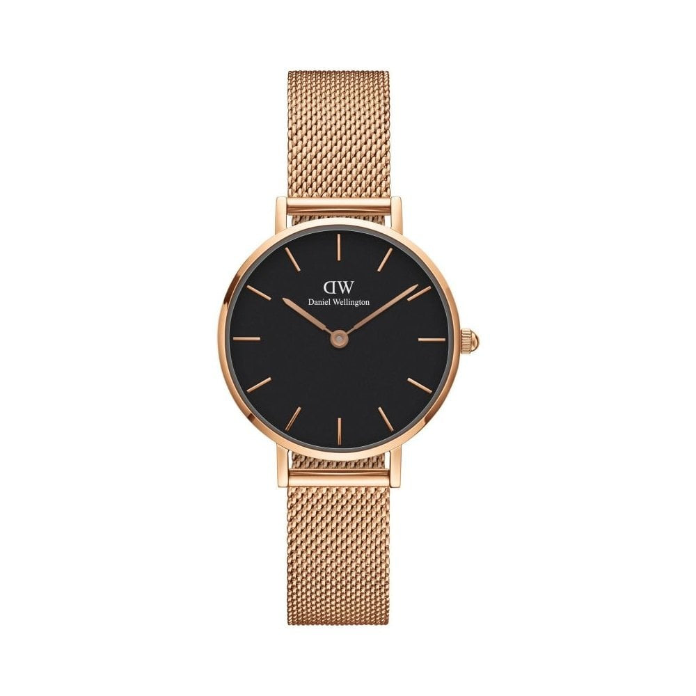 PETITE MELROSE ROSE GOLD STAINLESS STEEL MESH BRACELET WITH BLACK DIAL