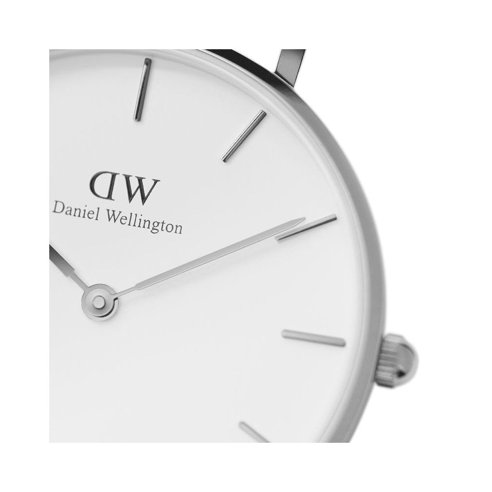 PETITE SHEFFIELD STAINLESS STEEL WATCH WITH BLACK LEATHER STRAP & WHITE DIAL