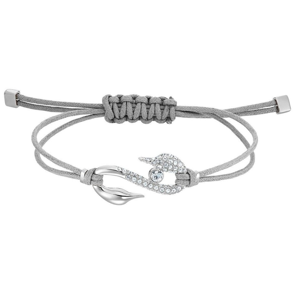 POWER S HOOK BRACELET, ADJUSTABLE GREY CORD WITH SWAN SHAPE EMBELLISHED WITH WHITE SWAROVSKI CRYSTALS