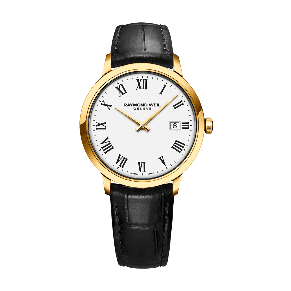 RAYMOND WEIL TOCCATA GENTS WATCH WITH YELLOW GOLD PVD PLATING ON STAINLESS STEEL WITH BLACK LEATHER STRAP