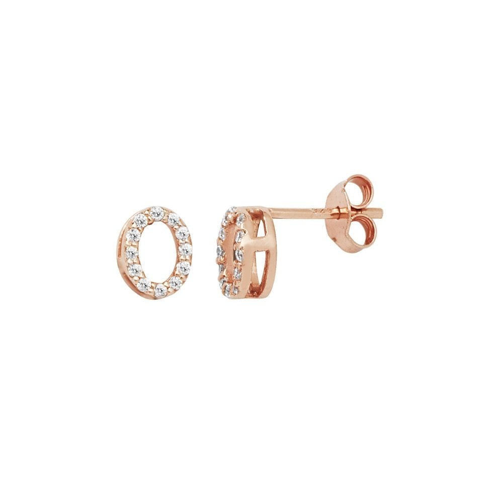 ROSE GOLD ON SILVER CUBIC ZIRCONIA OPEN OVAL STUD EARRINGS