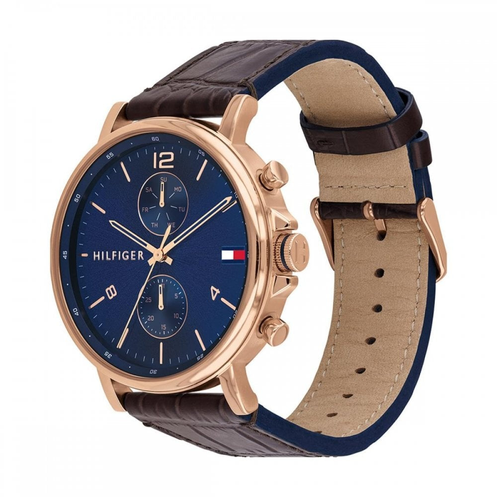SAWYER ROSE GOLD STAINLESS STEEL CHRONOGRAPH BLUE DIAL WITH BROWN LEATHER STRAP