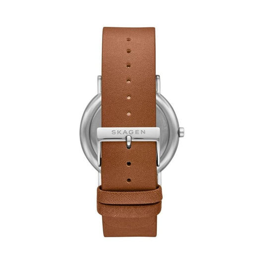 SIGNATUR STAINLESS STEEL GENTS WATCH WITH BROWN LEATHER STRAP & DARK DIAL