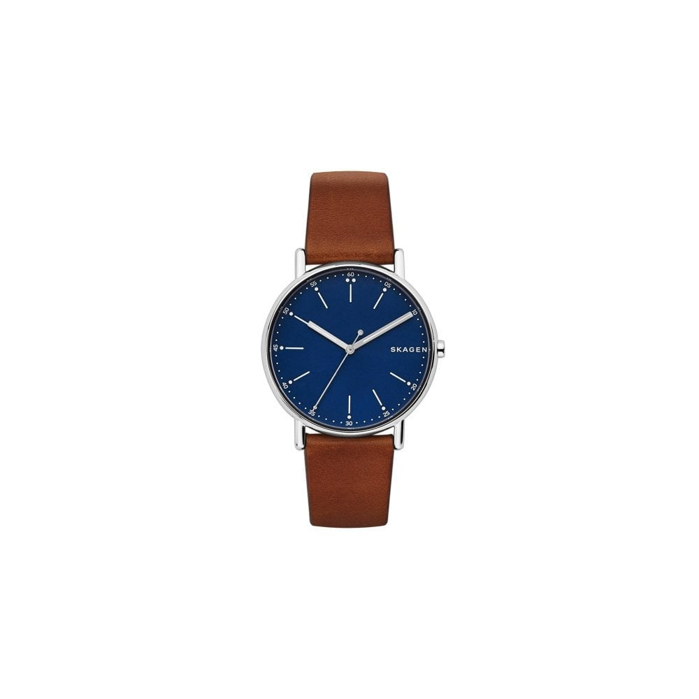 SKAGEN SIGNATUR STAINLESS STEEL WATCH WITH BROWN LEATHER STRAP AND BLUE FACE