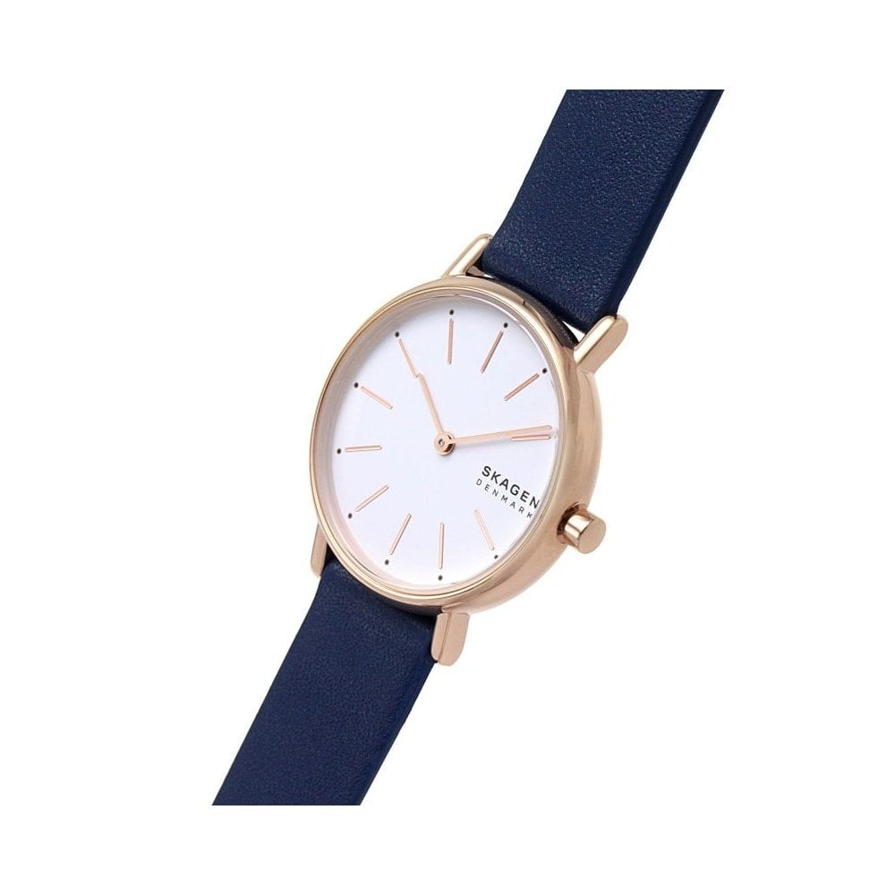 SKAGEN SIGNATURE ROSE GOLD STAINLESS STEEL WATCH WITH BLUE STRAP AND WHITE FACE