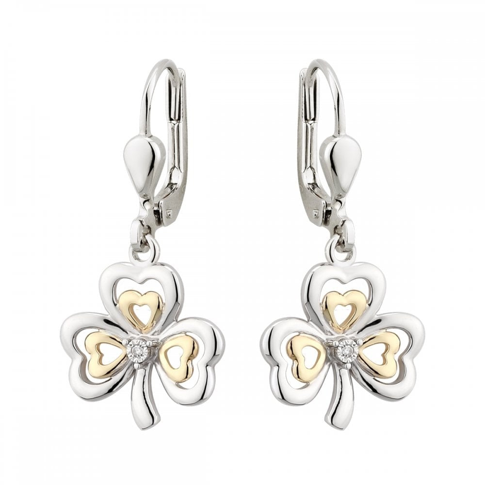 SOLVAR 10K GOLD & STERLING SILVER DIAMOND DROP DANGLE SHAMROCK EARRINGS