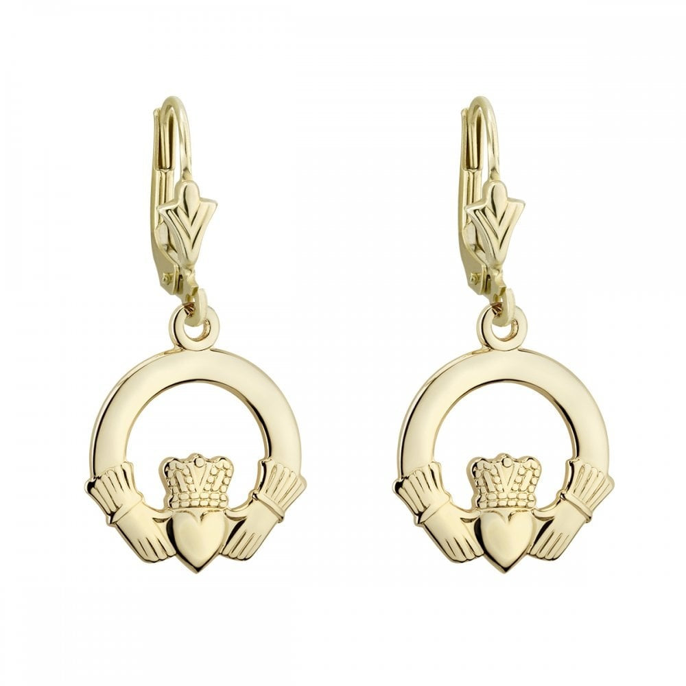 SOLVAR 14K GOLD LARGE PLAIN CLADDAGH DROP EARRINGS