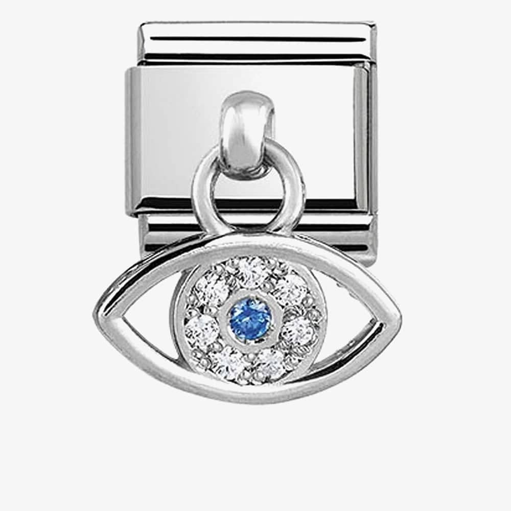 STAINLESS STEEL DROP EVIL EYE CHARM WITH BLUE & WHITE ZIRCONIA DETAIL