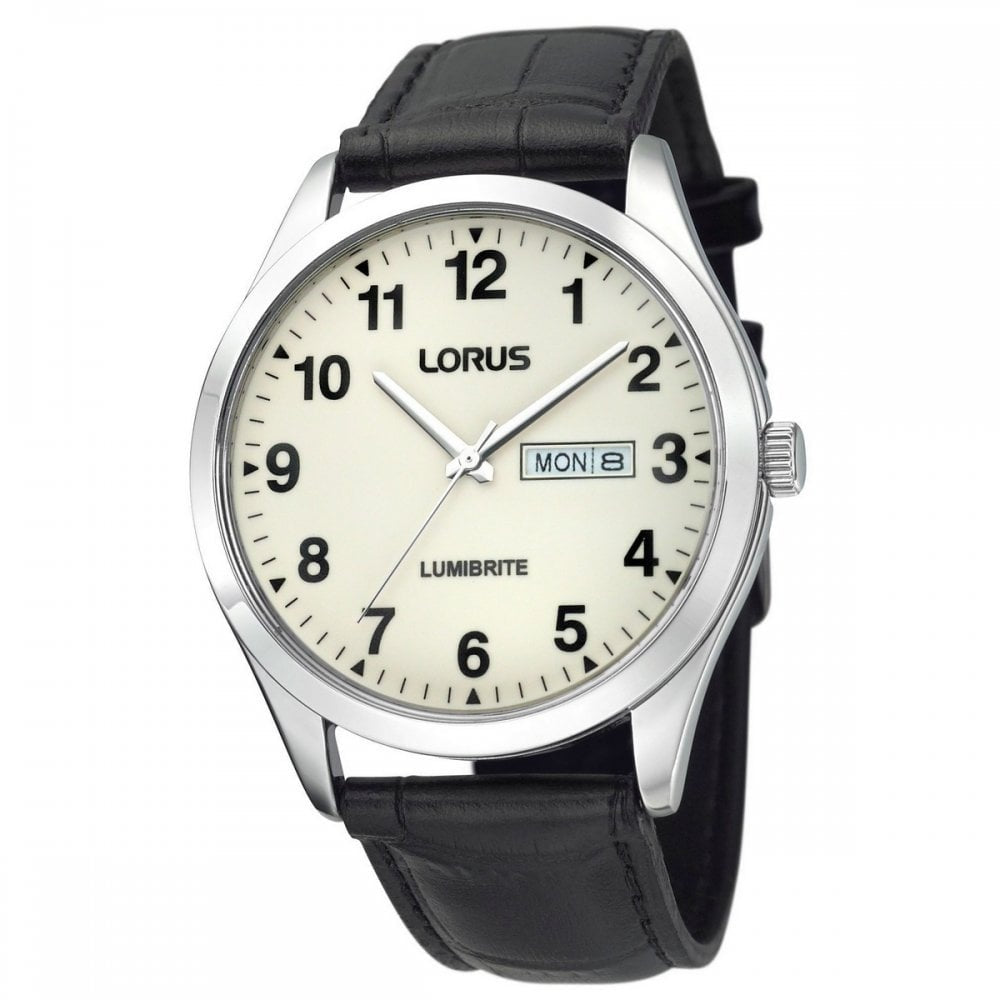 STAINLESS STEEL WATCH WITH BLACK LEATHER STRAP AND LUMINOUS FACE WITH DAY & DATE
