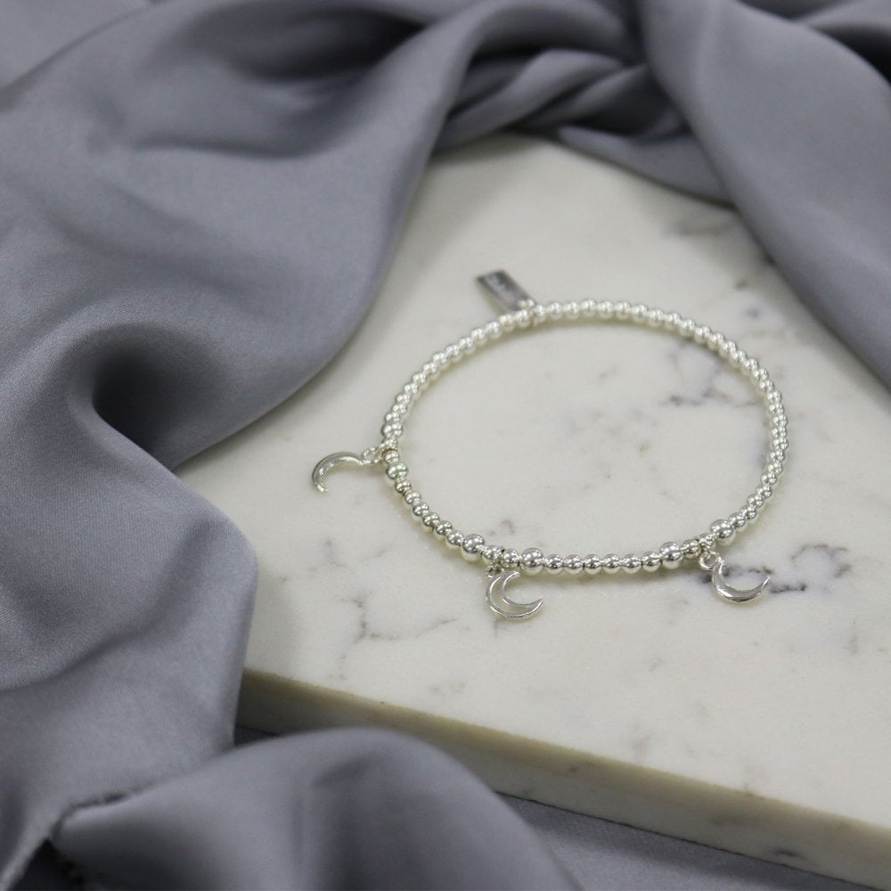 STERLING SILVER BALL LINK BRACELET WITH TRIPLE MOON CHARMS