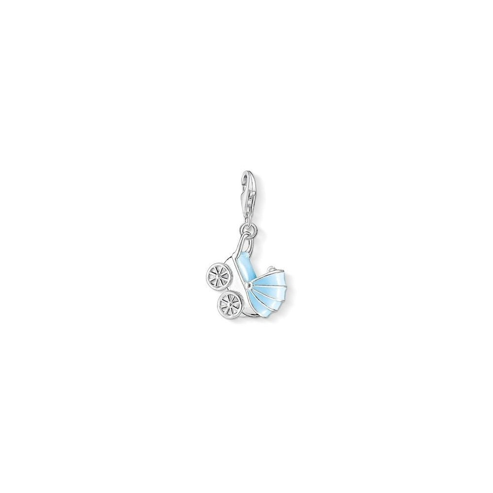 STERLING SILVER BLUE ENAMEL PRAM CHARM PENDANT