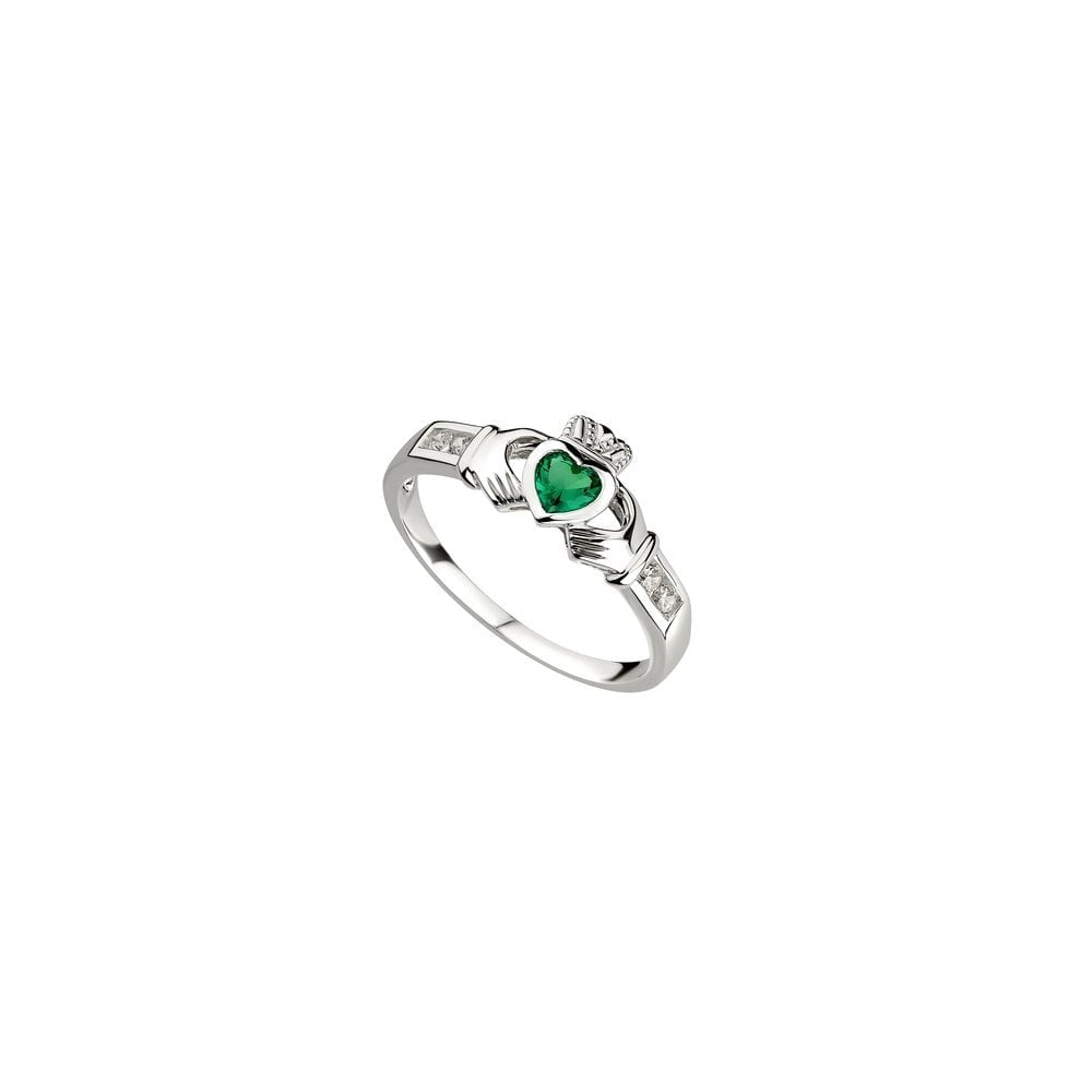 STERLING SILVER CLADDAGH RING WITH SYNTHETIC EMERALD AND CUBIC ZIRCONIA