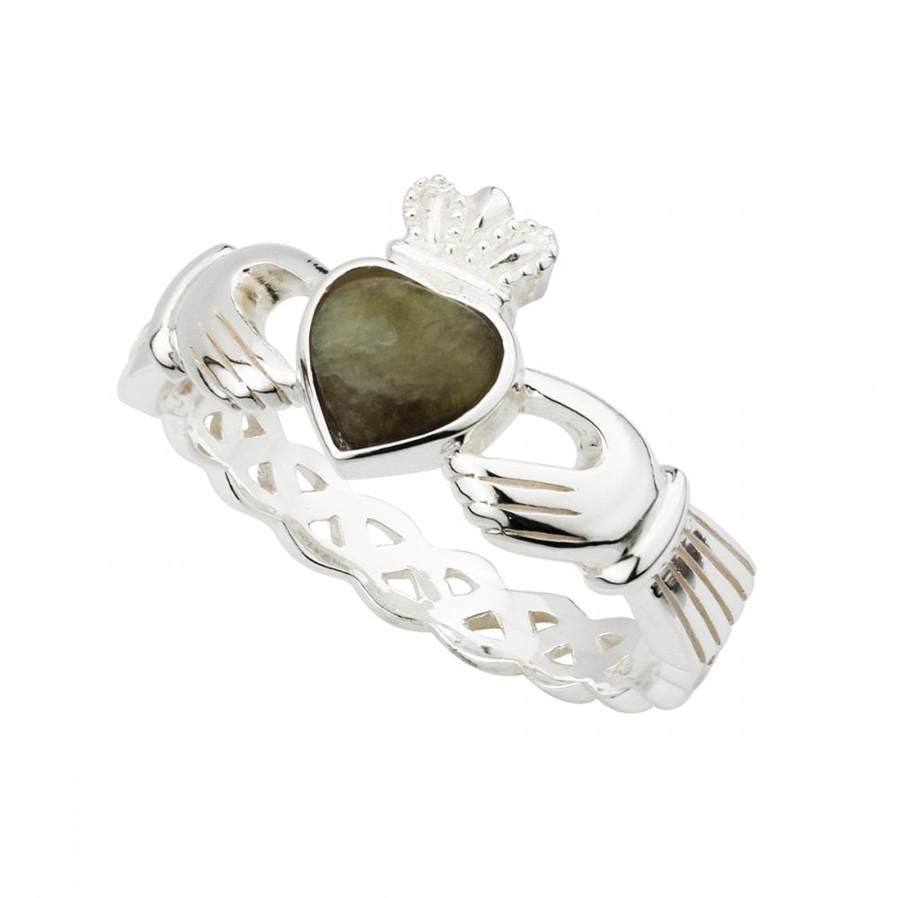 STERLING SILVER CONNEMARA MARBLE CLADDAGH WEAVE RING