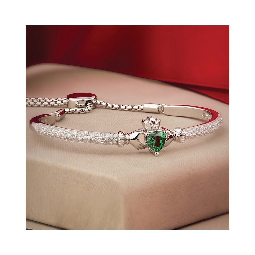STERLING SILVER CUBIC ZIRCONIA CLADDAGH DRAW STRING BANGLE