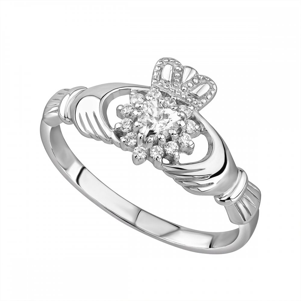 STERLING SILVER CUBIC ZIRCONIA CLUSTER CLADDAGH RING