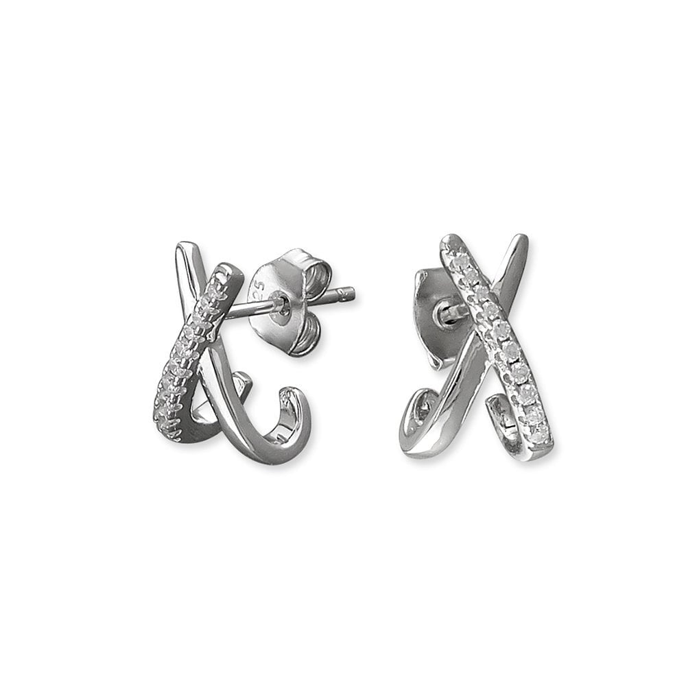 STERLING SILVER CUBIC ZIRCONIA CROSSOVER STUD EARRINGS