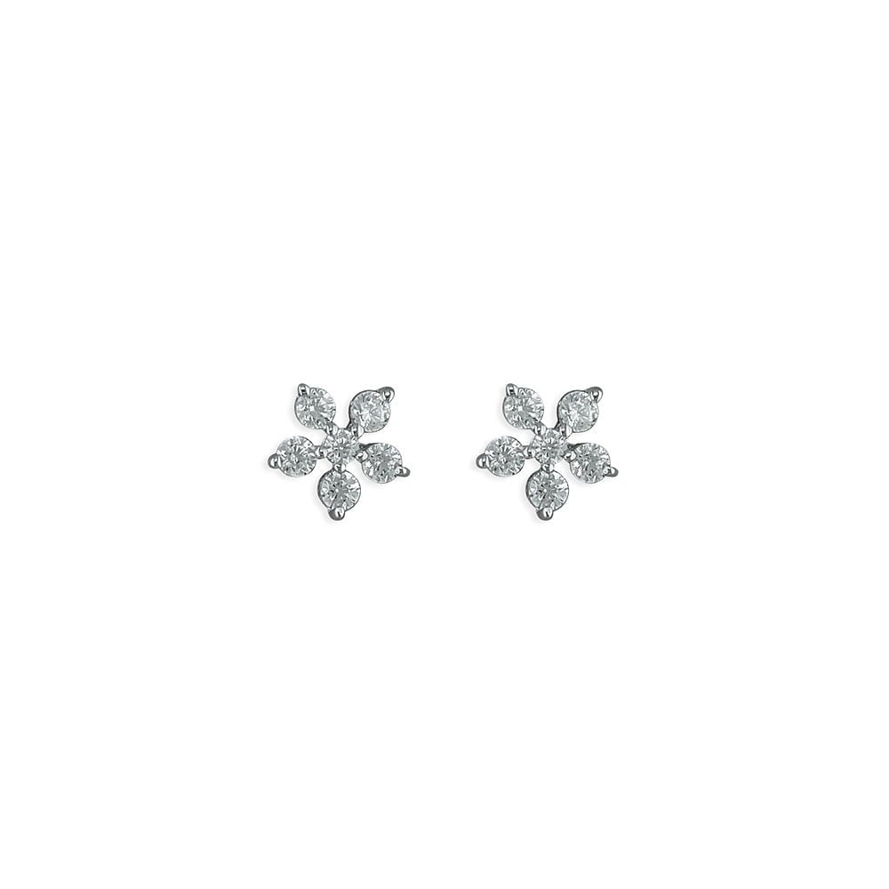 STERLING SILVER CUBIC ZIRCONIA FIVE PETAL FLOWER STUD EARRINGS