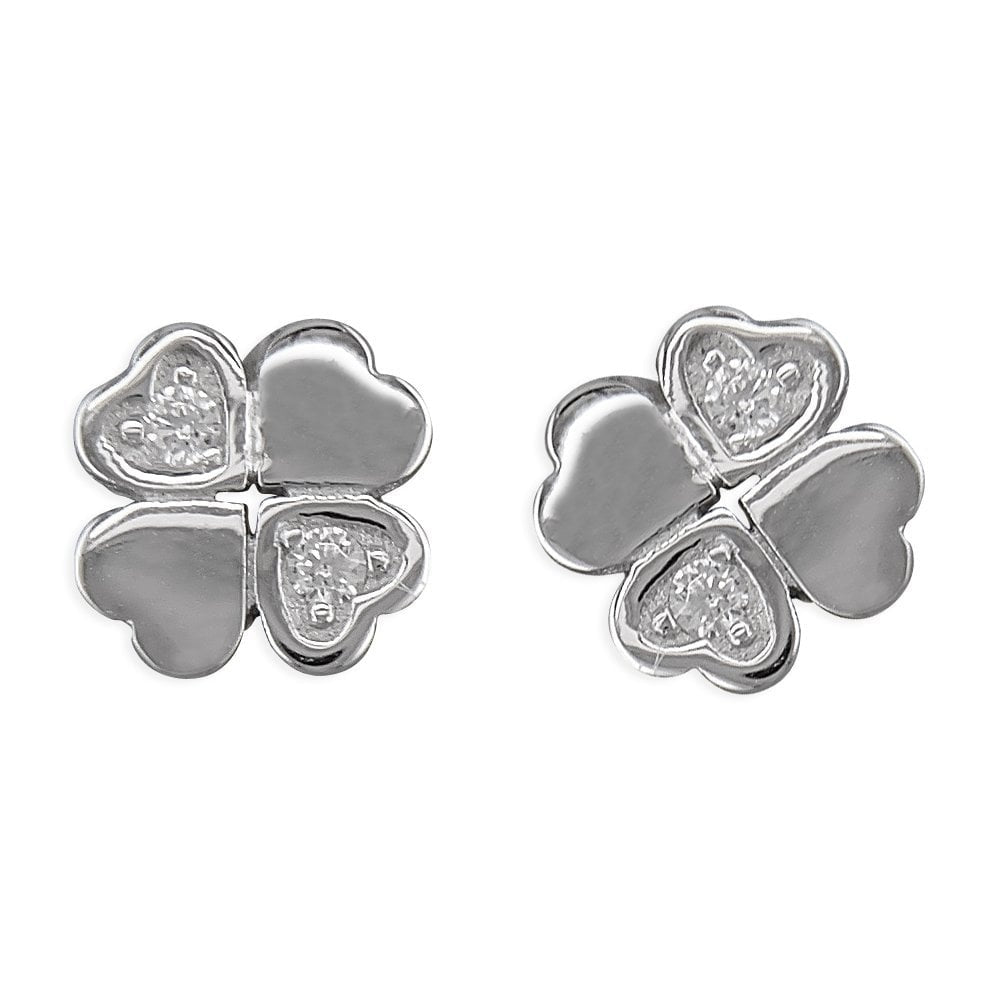 STERLING SILVER CUBIC ZIRCONIA FOUR-LEAF CLOVER STUD EARRINGS