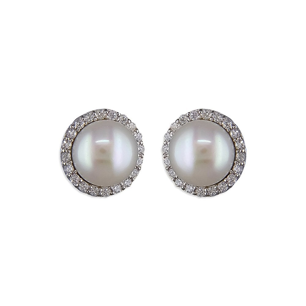 STERLING SILVER CUBIC ZIRCONIA HALO WITH FRESHWATER PEARL STUD EARRINGS