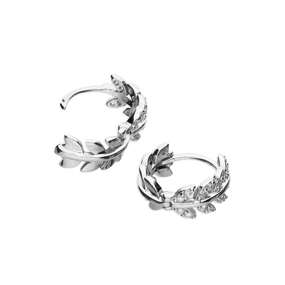 STERLING SILVER CUBIC ZIRCONIA LEAF HOOP EARRINGS