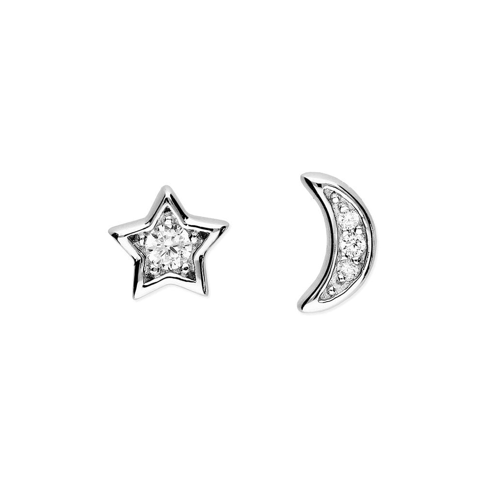 STERLING SILVER CUBIC ZIRCONIA STAR & MOON STUD EARRINGS