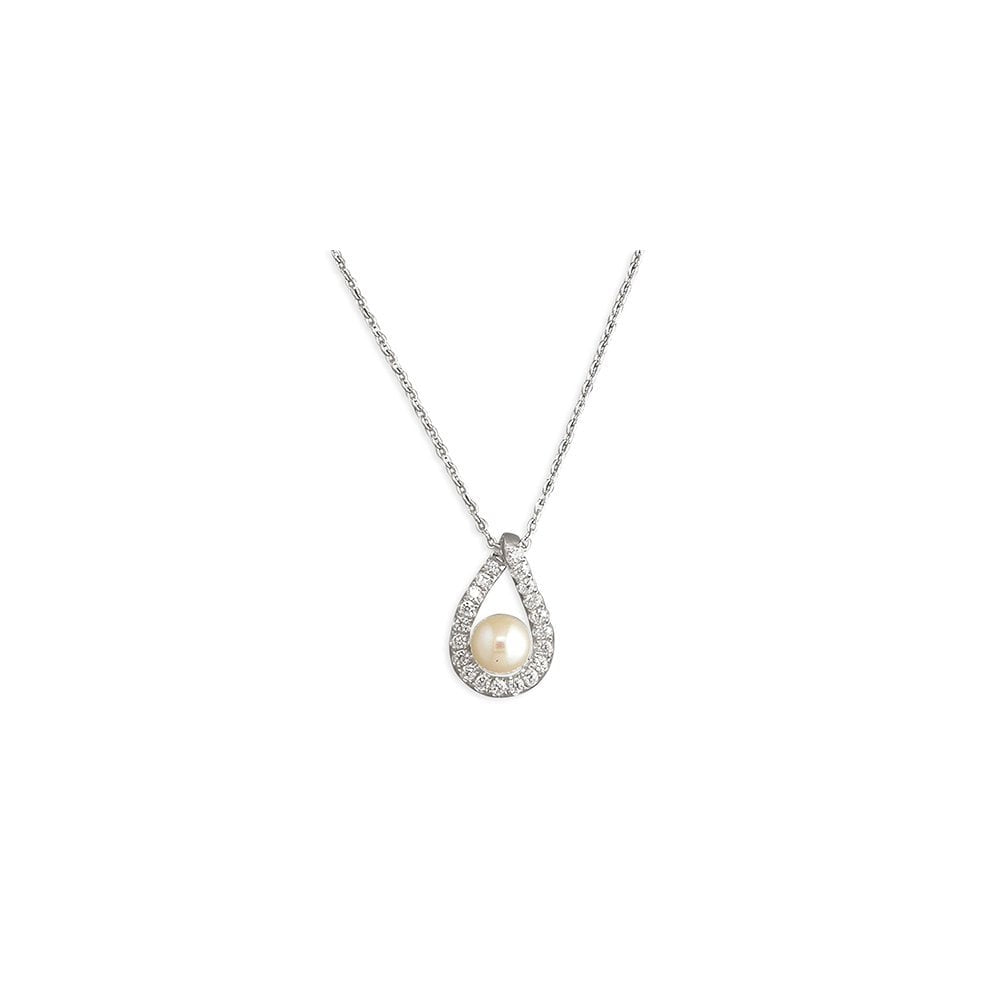 STERLING SILVER CUBIC ZIRCONIA TEARDROP WITH FRESHWATER PEARL NECKLACE