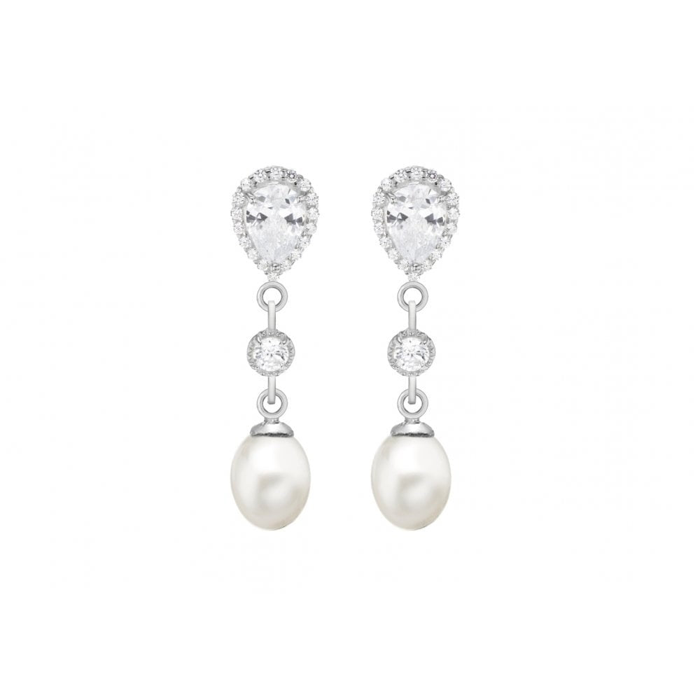 STERLING SILVER FRESH WATER PEARL AND CZ DROP EARRINGS