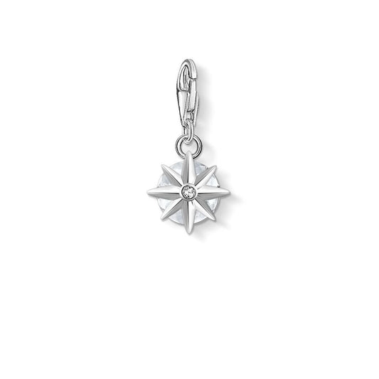"STERLING SILVER HAND-CUT ROCK CRYSTAL APRIL BIRTHSTONE CHARM PENDANT SET IN STAR SHAPE CLAWS WITH CZ ON THE BACK "