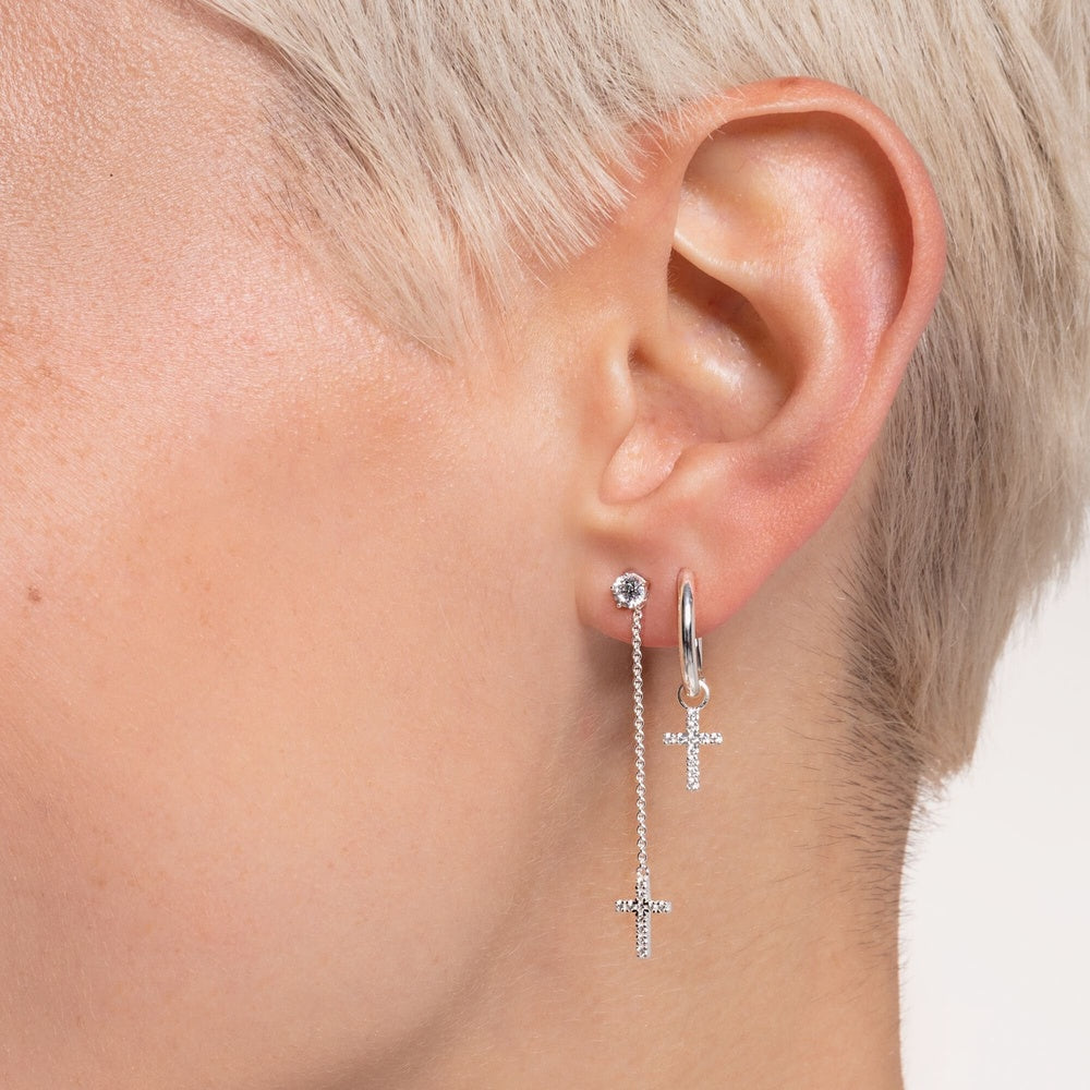 STERLING SILVER HOOP EARRINGS WITH CROSS DROP PENDANT