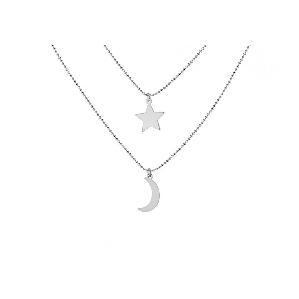 STERLING SILVER MOON AND STAR DIAMOND CUT BALL CHAIN NECKLACE