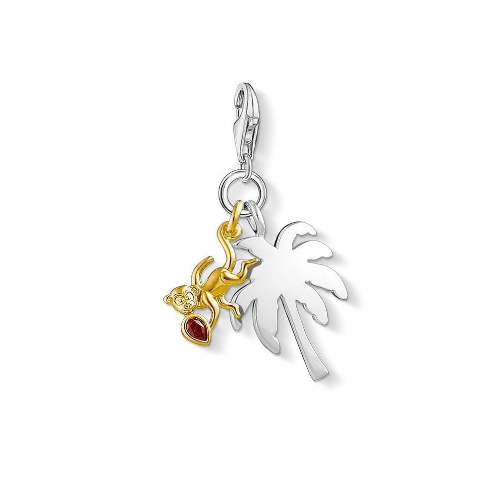 STERLING SILVER PALM TREE CHARM PENDANT & GOLD ON SILVER MONKEY WITH RED ZIRCONIA