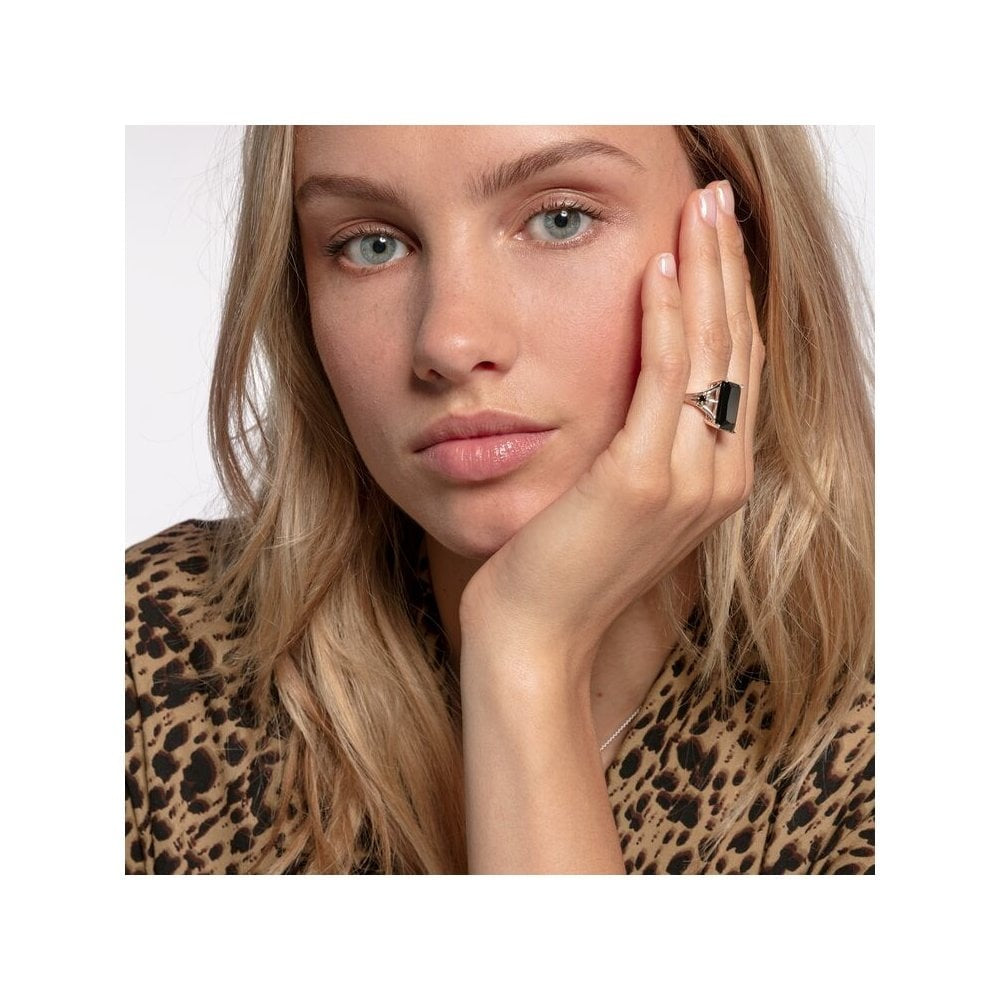 STERLING SILVER RECTANGULAR SHAPED LARGE BLACK ONYX RING WITH A BLACK ONYX STAR ON EACH SIDE