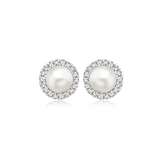 STERLING SILVER RHODIUM PLATED CZ AND FRESH WATER PEARL 7.7MM STUD EARRINGS