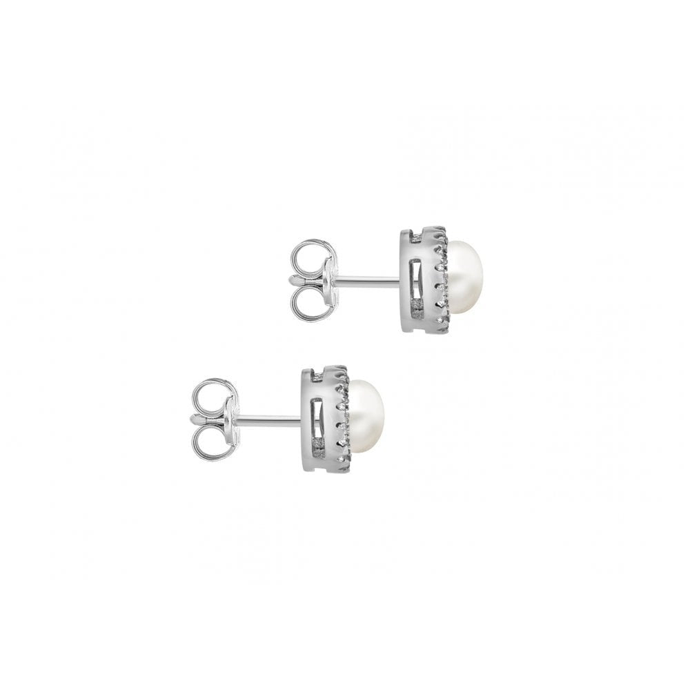 STERLING SILVER RHODIUM PLATED CZ AND FRESH WATER PEARL 7.7MM STUD EARRINGS