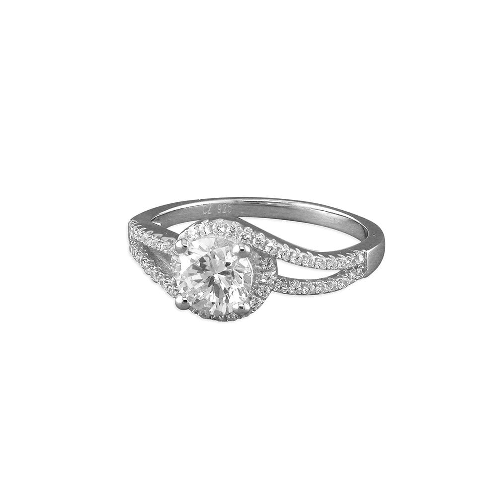 STERLING SILVER ROUND CUBIC ZIRCONIA HALO RING WITH LOOPED MICRO-SET SHOULDER