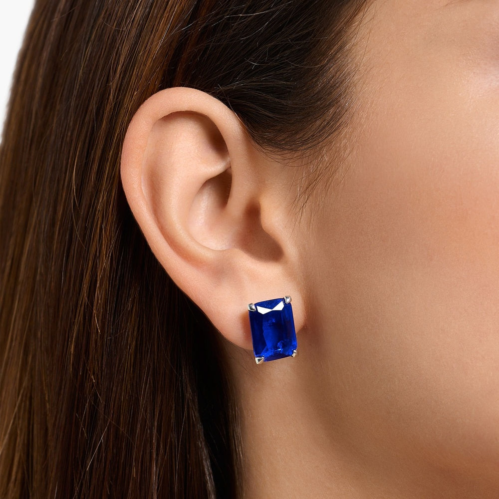 STERLING SILVER SAPPHIRE BLUE LARGE RECTANGULAR STUD EARRINGS