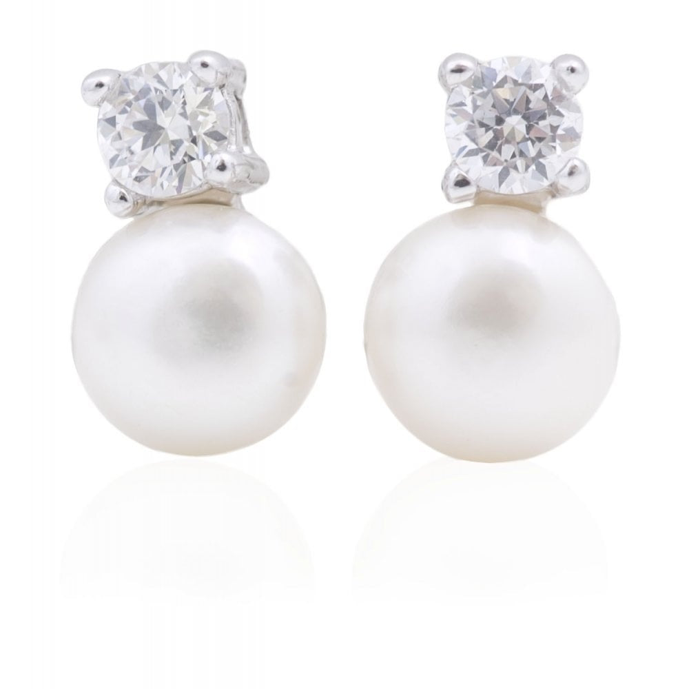 STERLING SILVER SNOWMAN STYLE FRESHWATER PEARL & CUBIC ZIRCONIA STUD EARRINGS