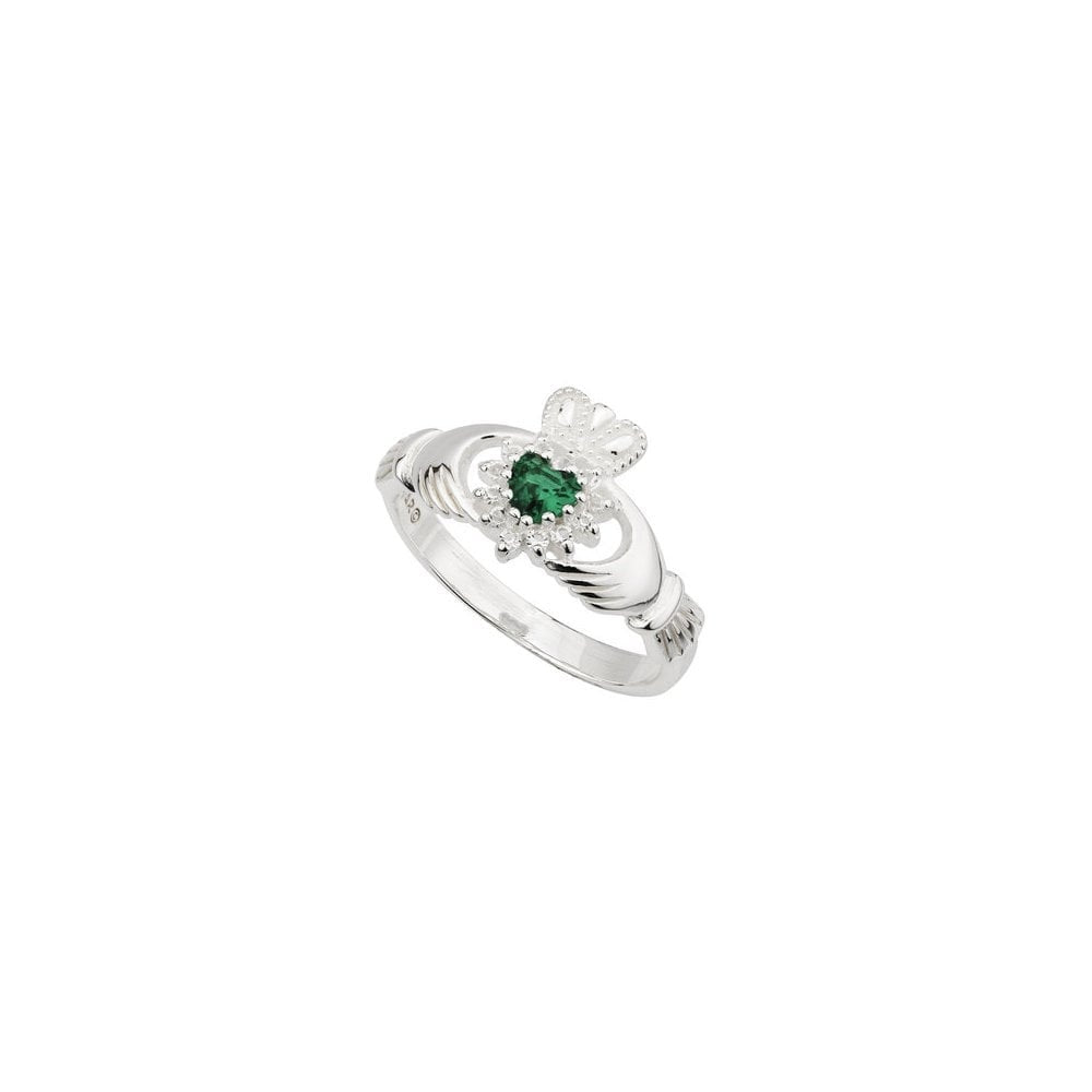 STERLING SILVER SYNTHETIC EMERALD AND CUBIC ZIRCONIA CLADDAGH RING