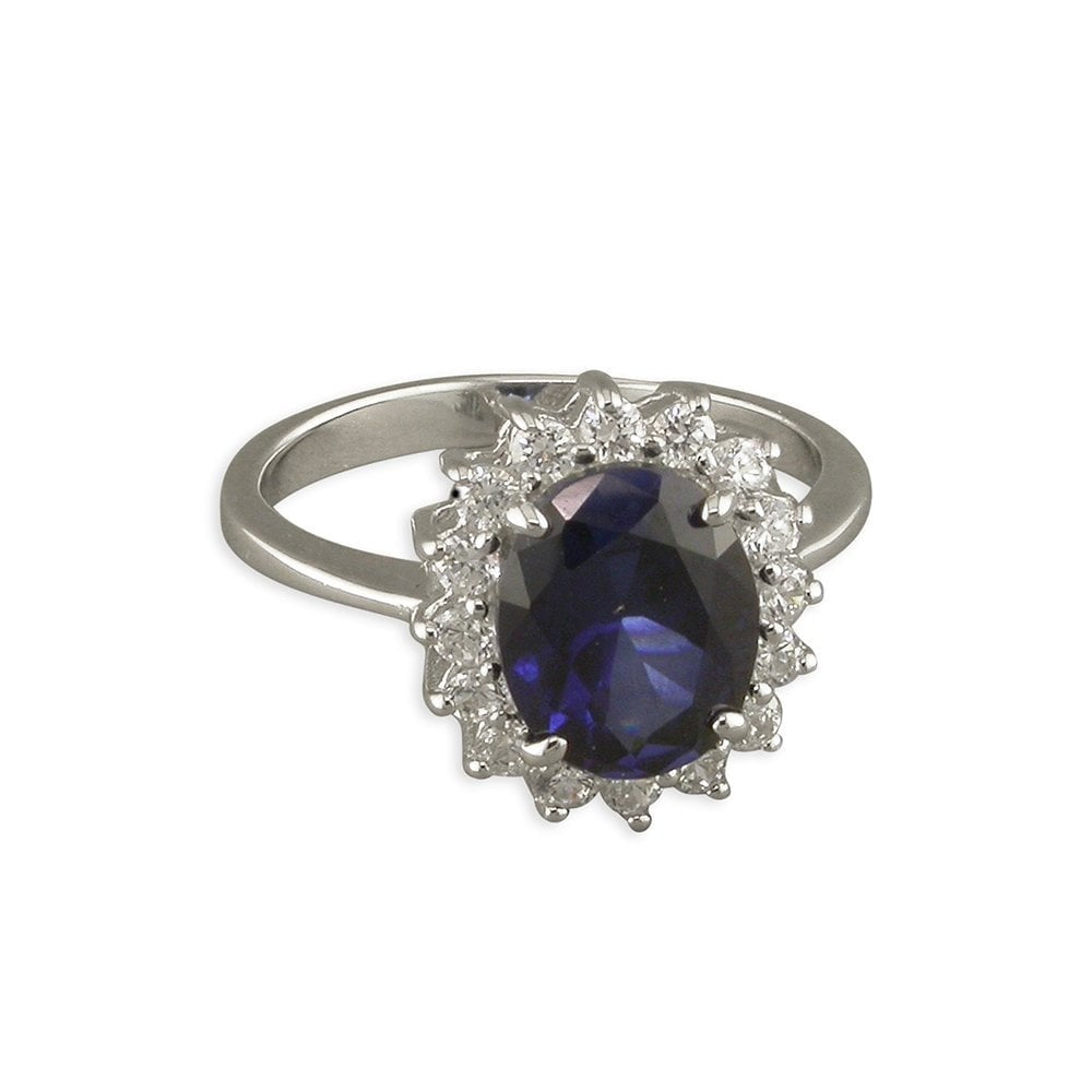 STERLING SILVER SYNTHETIC SAPPHIRE & CUBIC ZIRCONIA OVAL CLUSTER RING