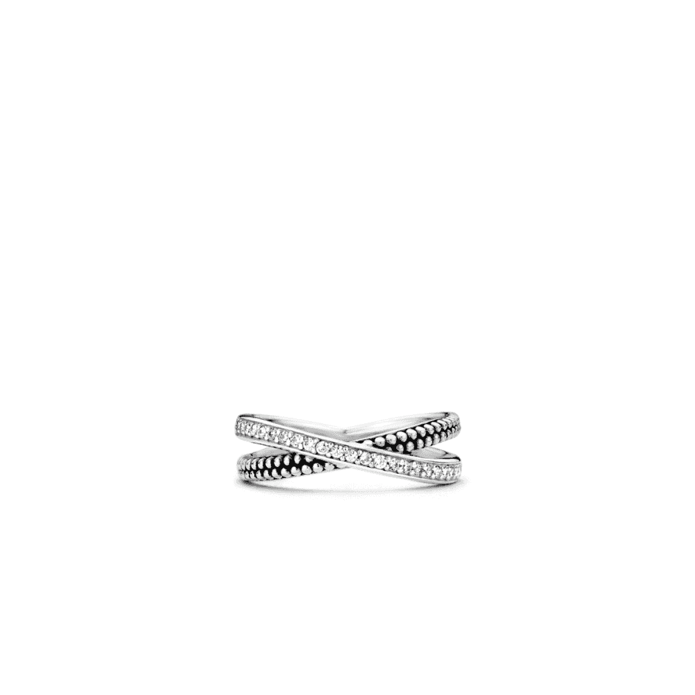 STERLING SILVER TWIST RING W/ZIRCONIA & OXIDISED BEADED DETAIL