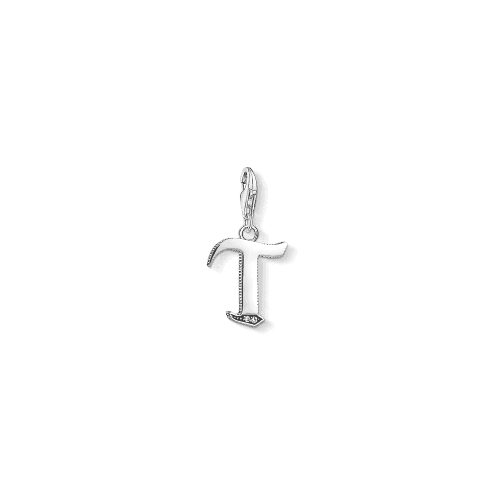 STERLING SILVER VINTAGE STYLE LETTER T CHARM PENDANT WITH ZIRCONIA