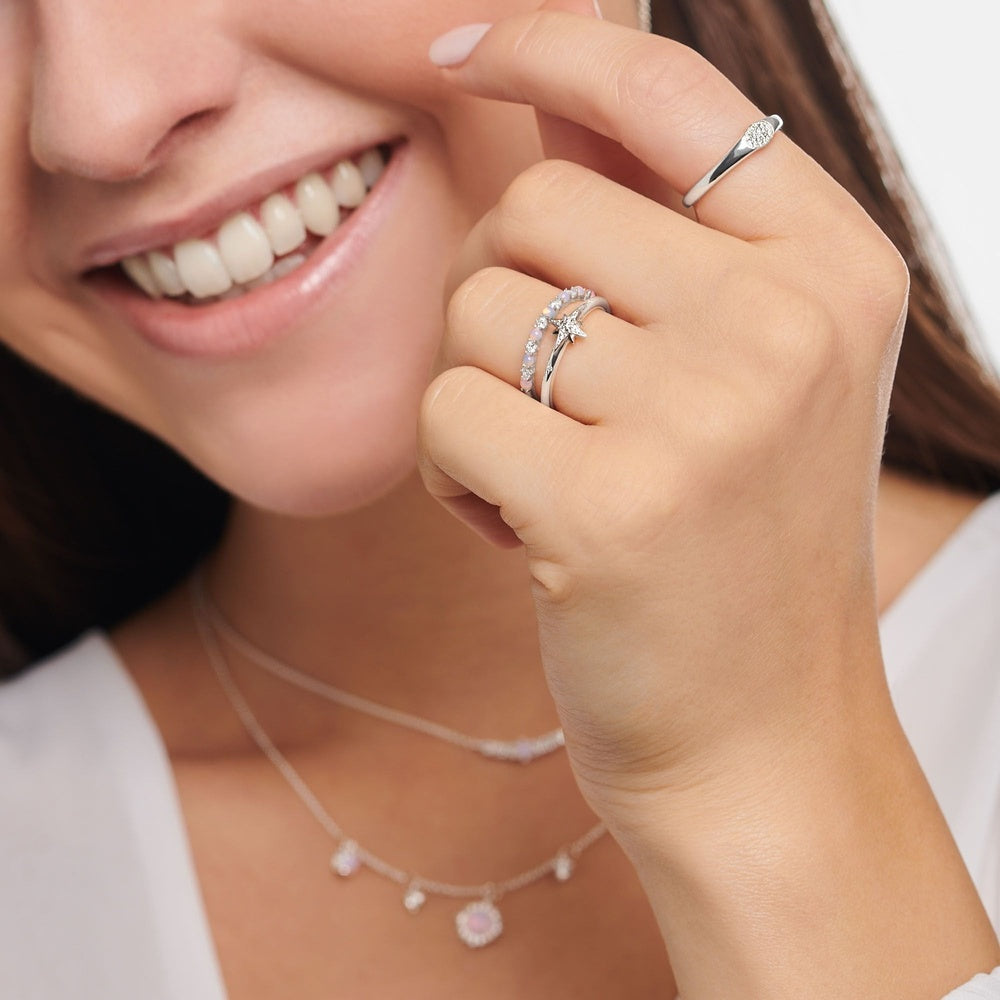 STERLING SILVER ZIRCONIA & OPAL IMITATION SHIMMERING PINK TRUE ROMANCE RING