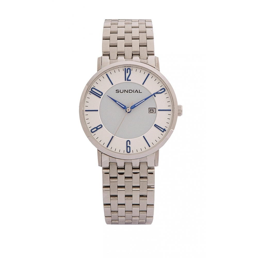 SUNDIAL STAINLESS STEEL BRACELET WATCH WITH BLUE BATONS ON DIAL & DATE FEATURE