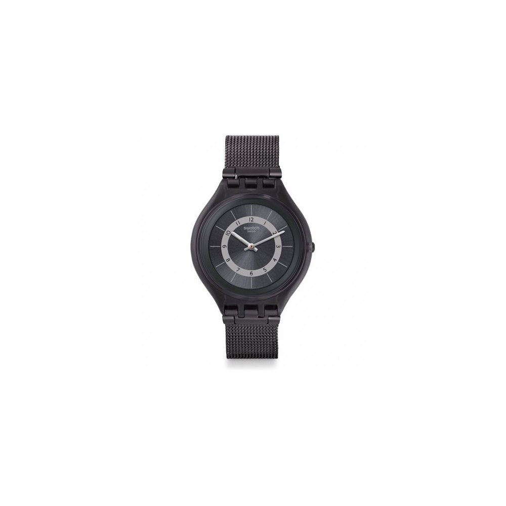 SWATCH SKINKNIGHT ALL BLACK ULTRA THIN WATCH WITH BLACK MESH BRACELET