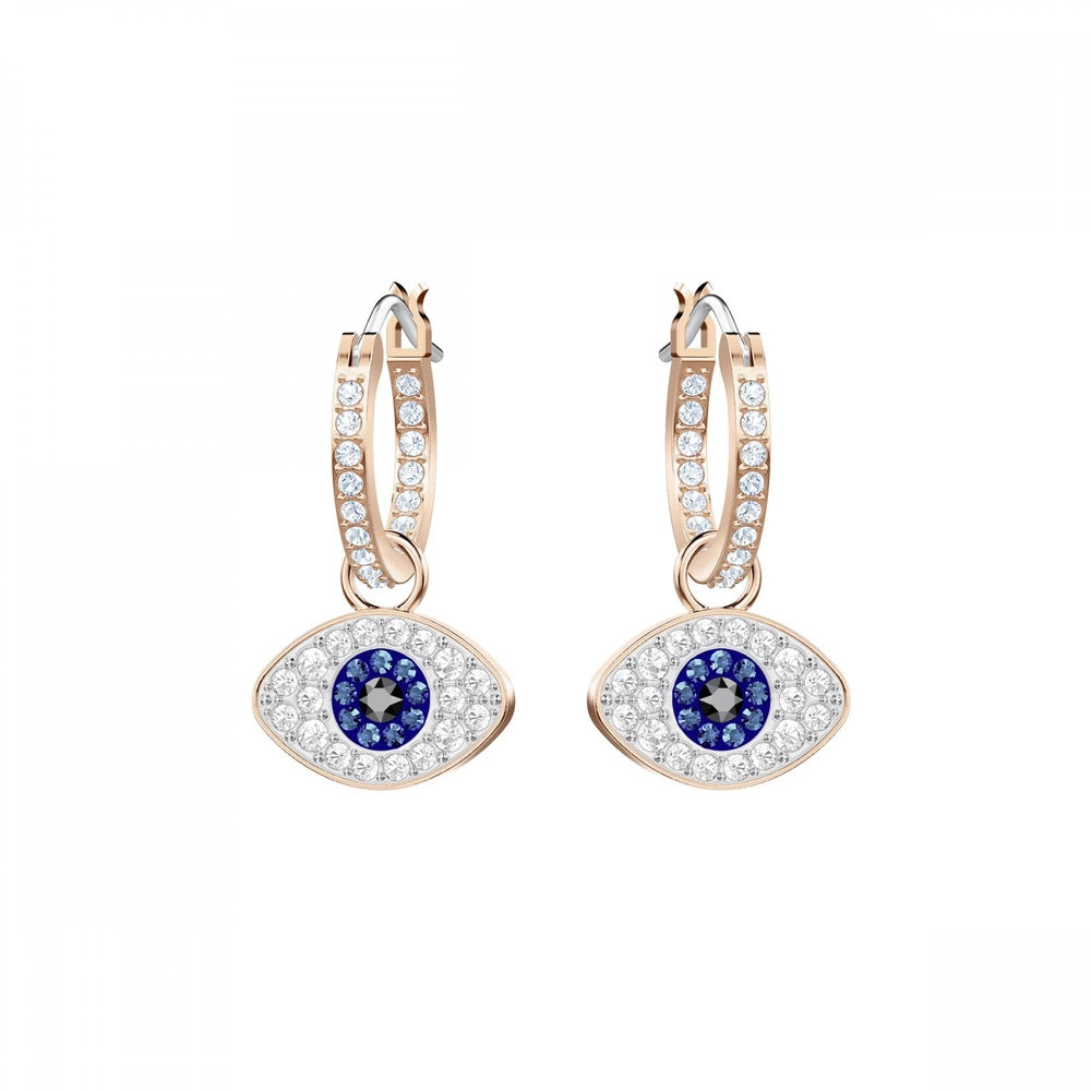SYMBOLIC EVIL EYE HOOP EARRINGS, MULTI-COLOURED, ROSE-GOLD TONE PLATED