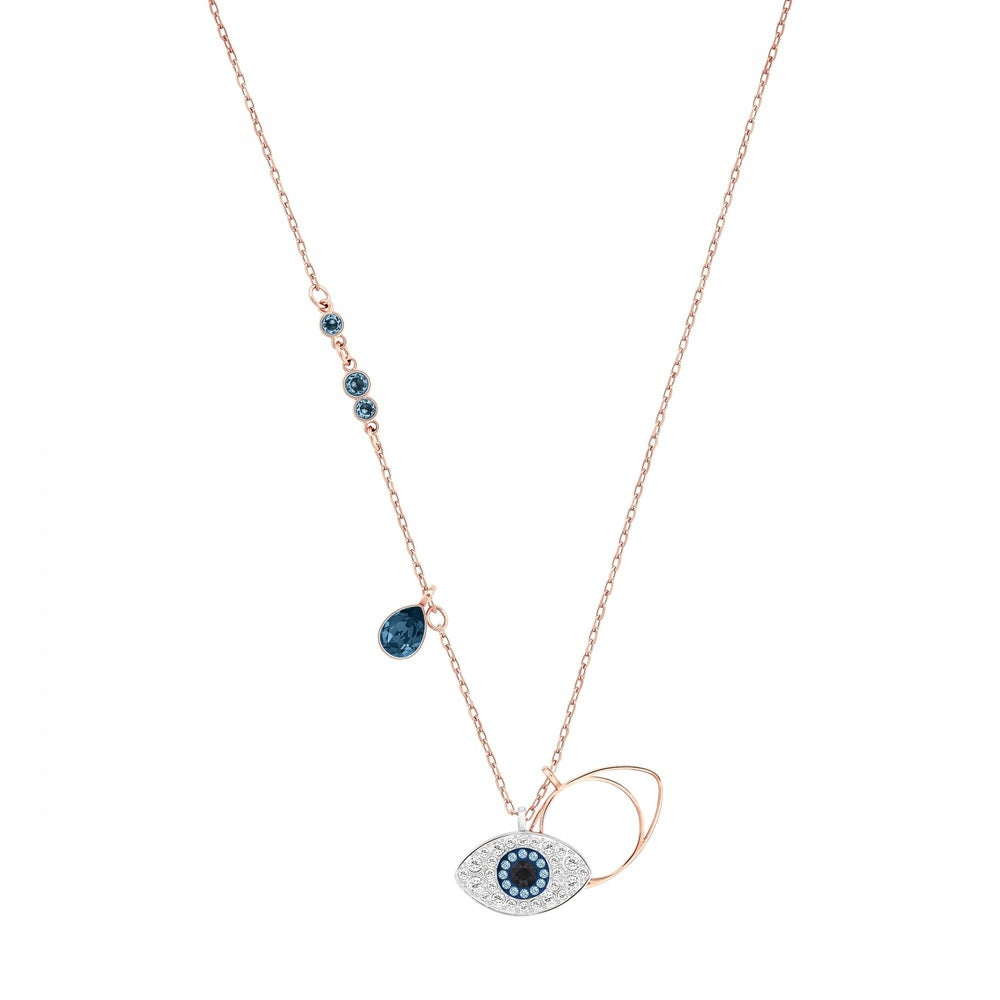SYMBOLIC EVIL EYE PENDANT, BLUE, BLACK & CLEAR CRYSTALS, RHODIUM & ROSE GOLD PLATED